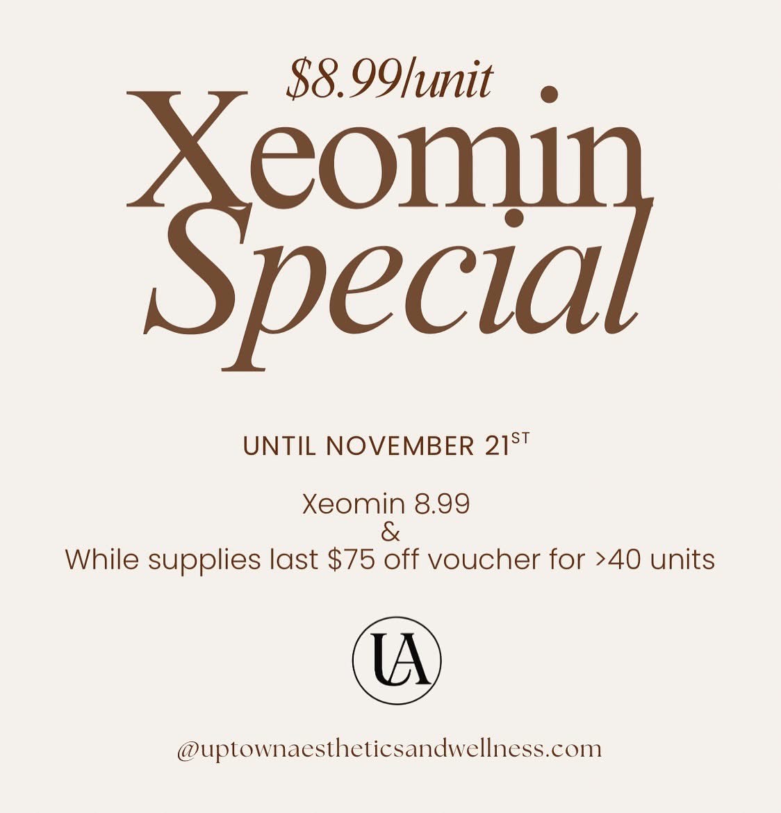 Promotional graphic for Xeomin special offer highlighting unit price and limited-time deal