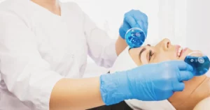 Esthetician performing a Fire & Ice Facial in Wilmington, NC, using cooling globes
